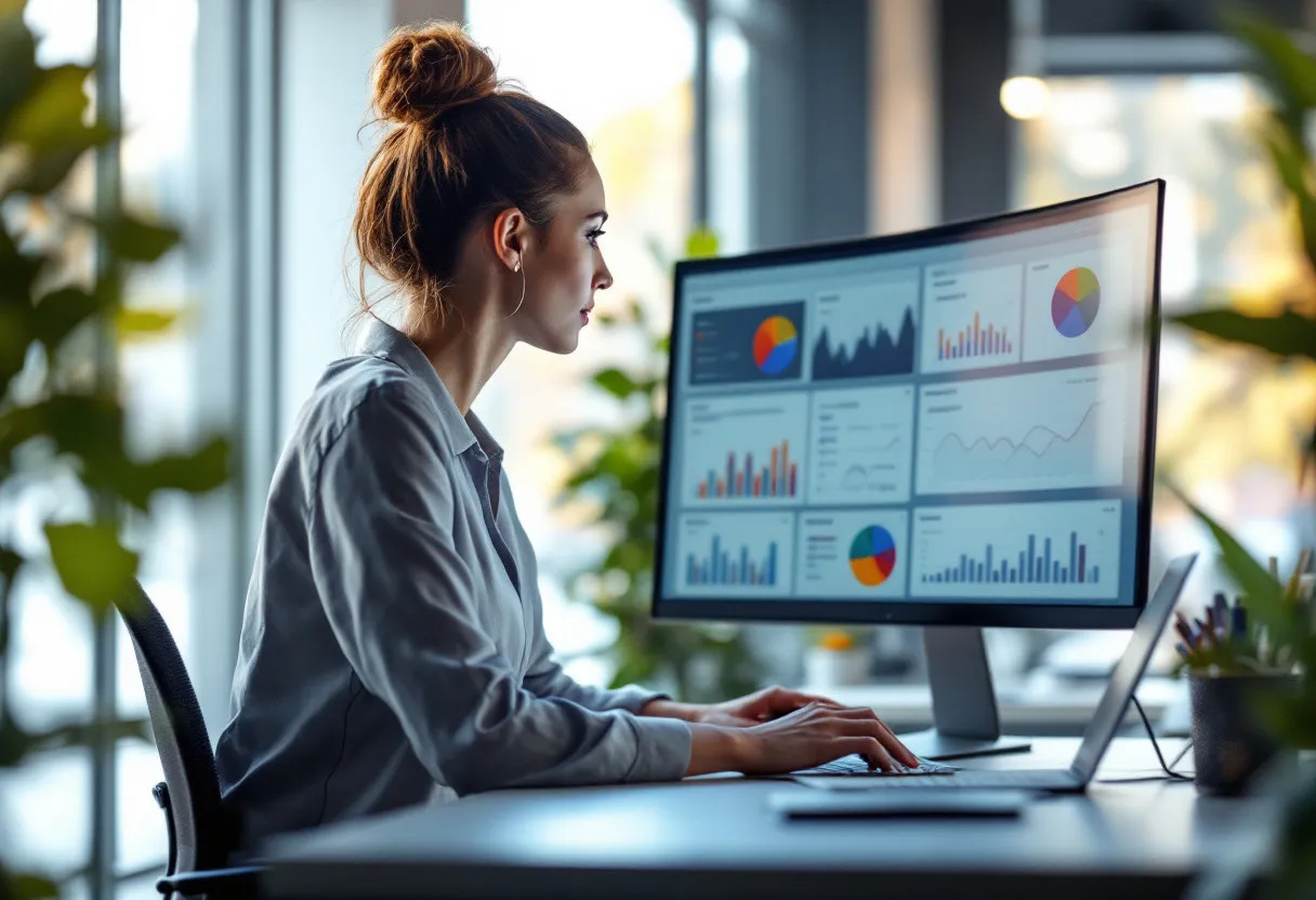 Business analyst reviewing operational dashboards on a large monitor