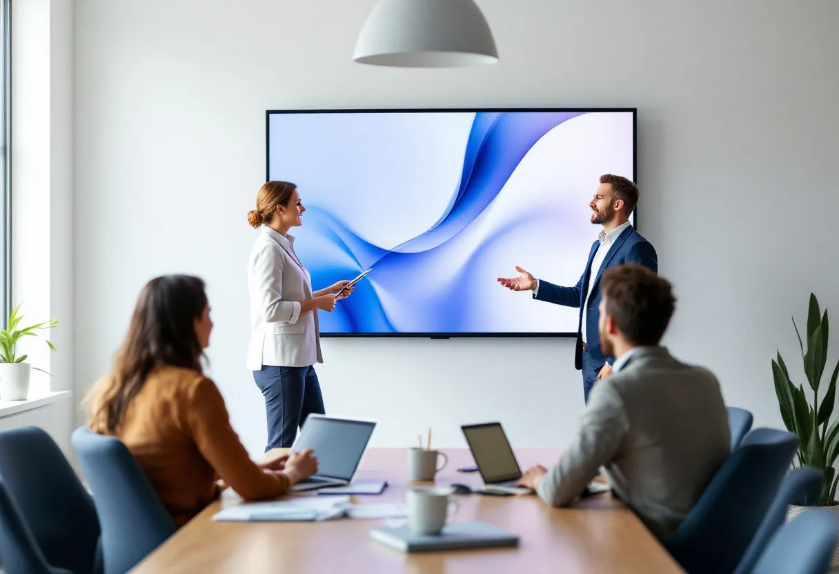 Consultant presenting to colleagues in a bright modern conference room