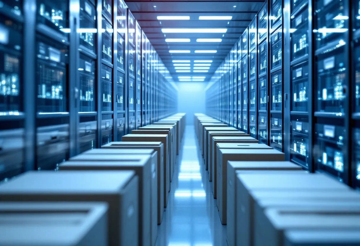 Orderly rows of archived records in a bright modern records facility