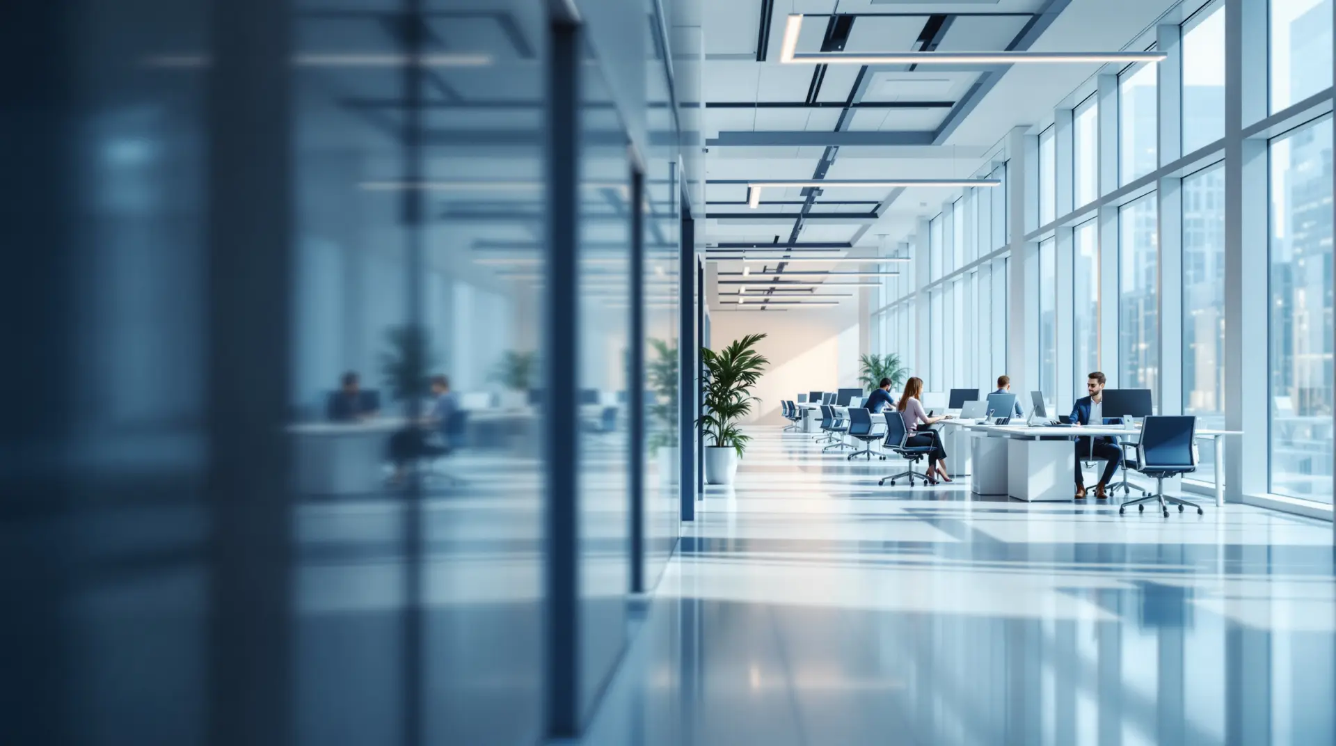 Bright modern enterprise office where teams work across connected digital systems
