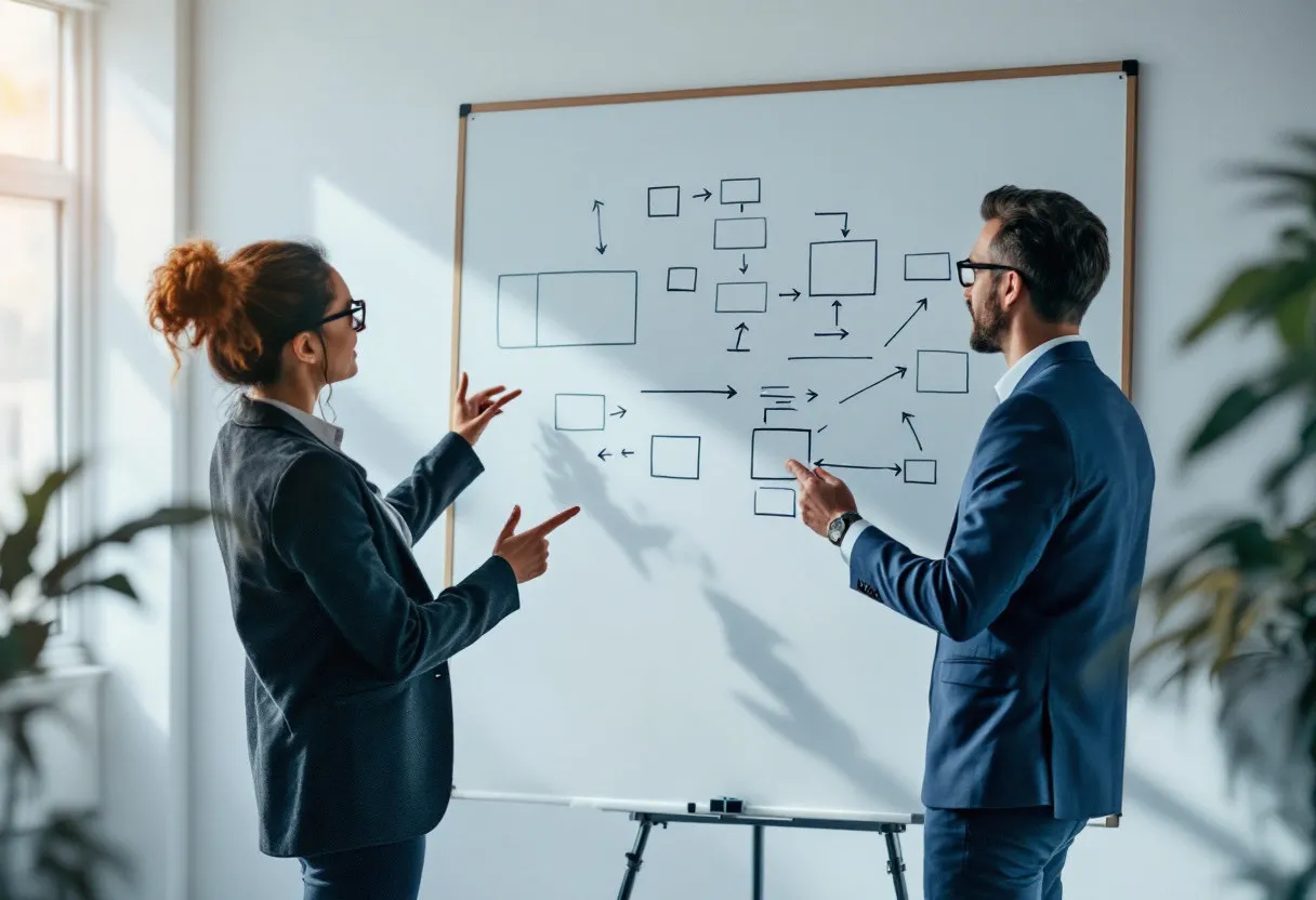 Two consultants mapping a business process on a whiteboard