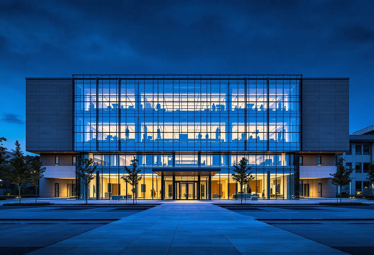 Modern institutional building illuminated at blue hour