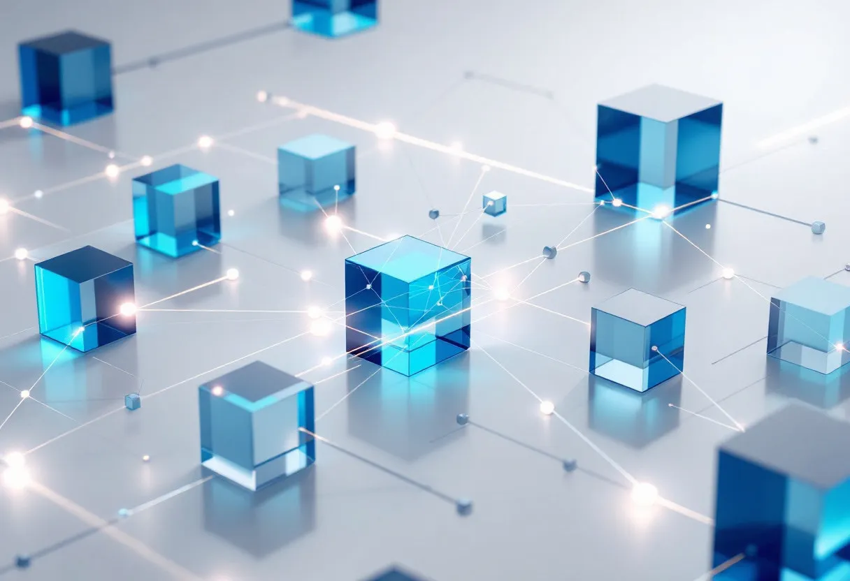 Abstract interconnected blue glass cubes representing governed enterprise system integration