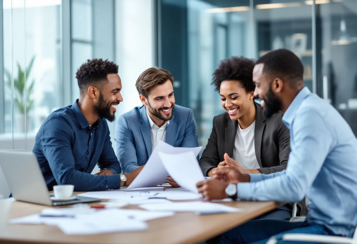 Business colleagues collaborating over documents in a bright modern meeting room